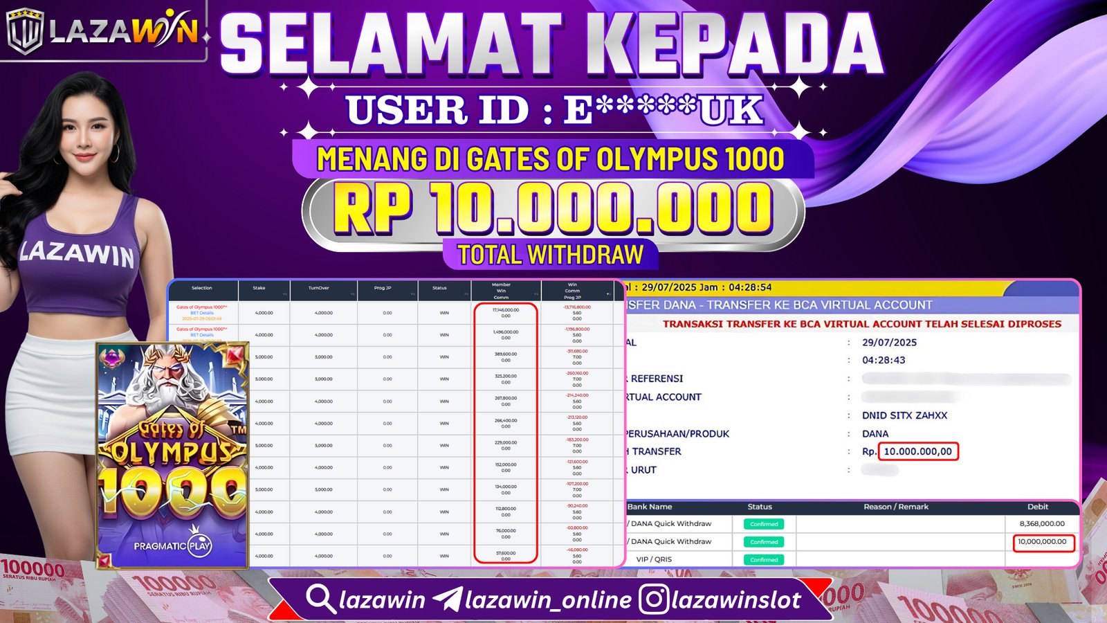LAZAWIN JACKPOT di GATES OF OLYMPUS 1000 Rp.10.000.000,- LUNAS