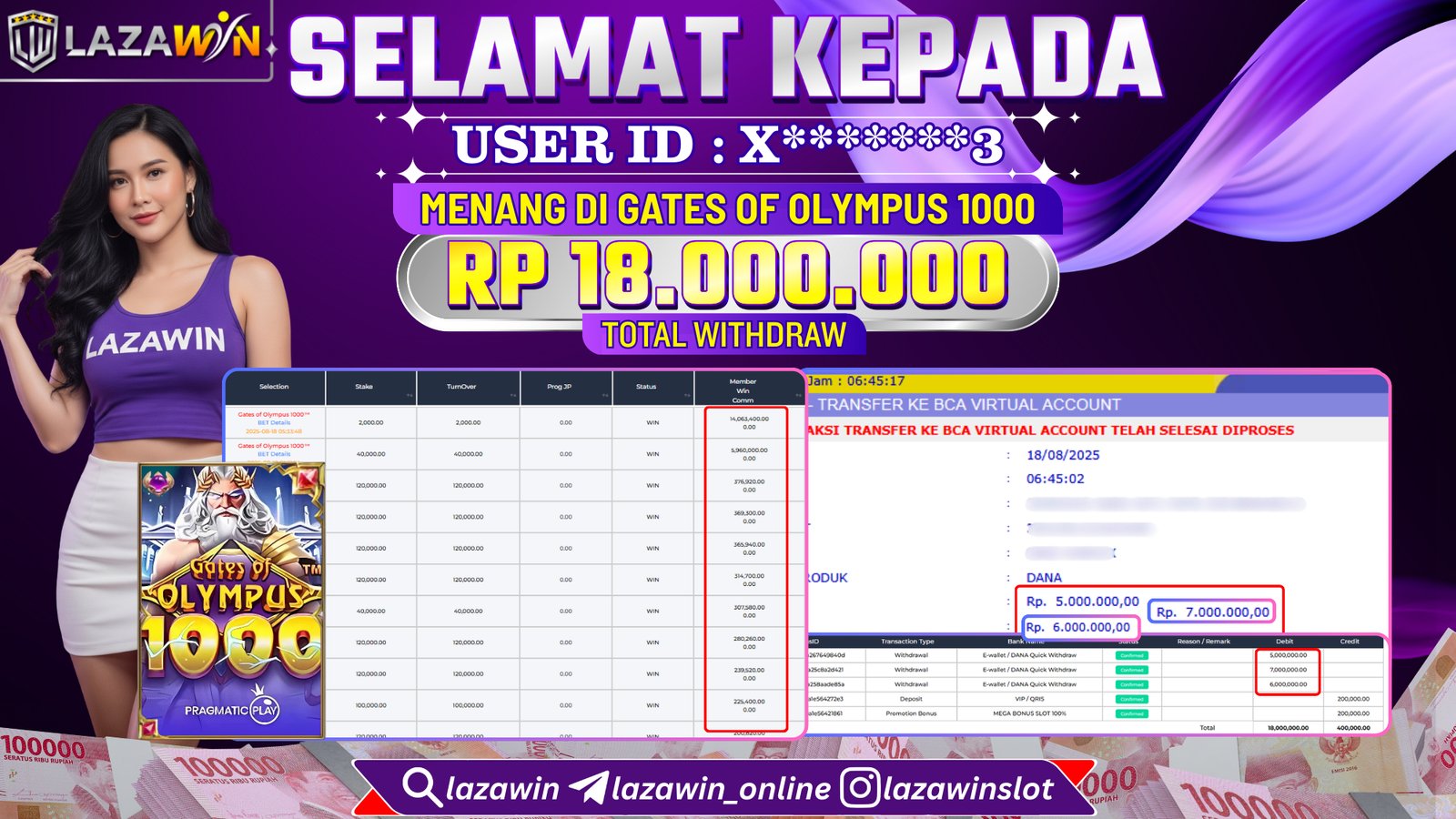 LAZAWIN JACKPOT di GATES OF OLYMPUS 1000 Rp.18.000.000,- LUNAS