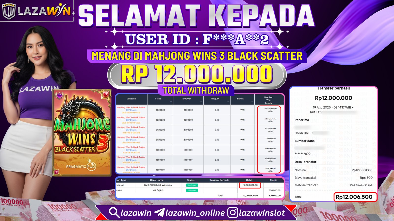 LAZAWIN JACKPOT di MAHJONG WINS 3 BLACK SCATTER Rp.12.000.000,- LUNAS