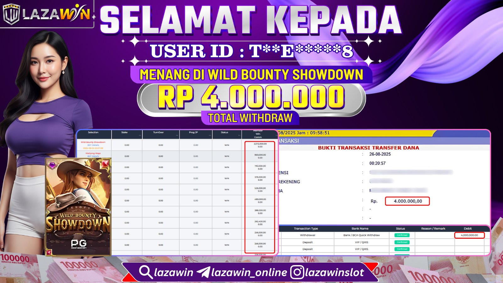 LAZAWIN JACKPOT di WILD BOUNTY SHOWDOWN Rp.4.000.000,- LUNAS