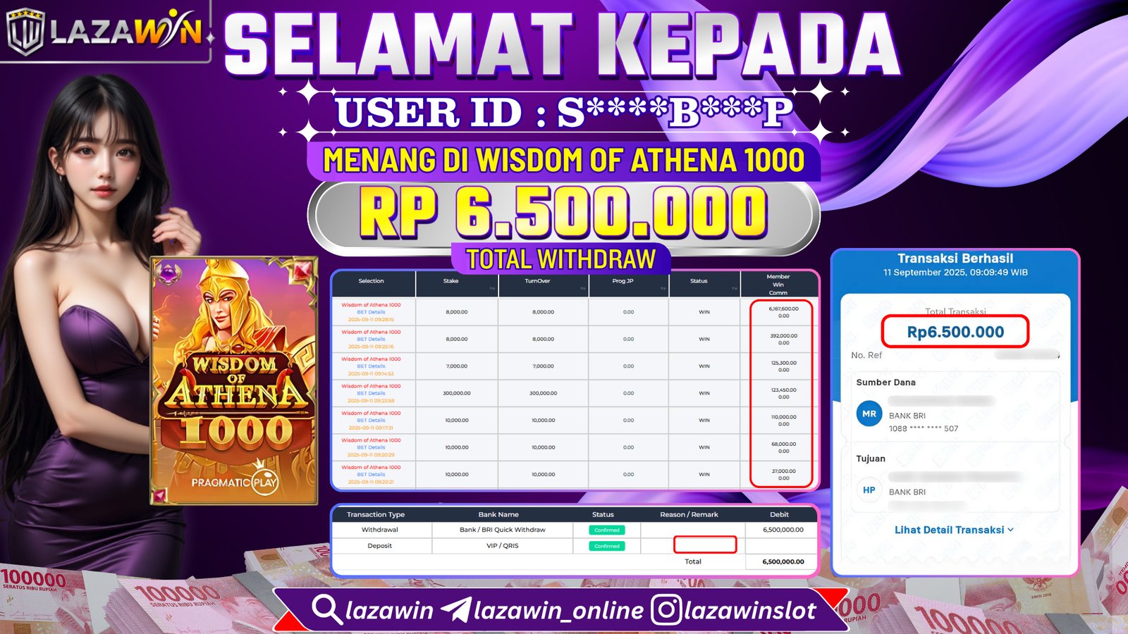 LAZAWIN JACKPOT di WISDOM OF ATHENA 1000 Rp.6.500.000,- LUNAS