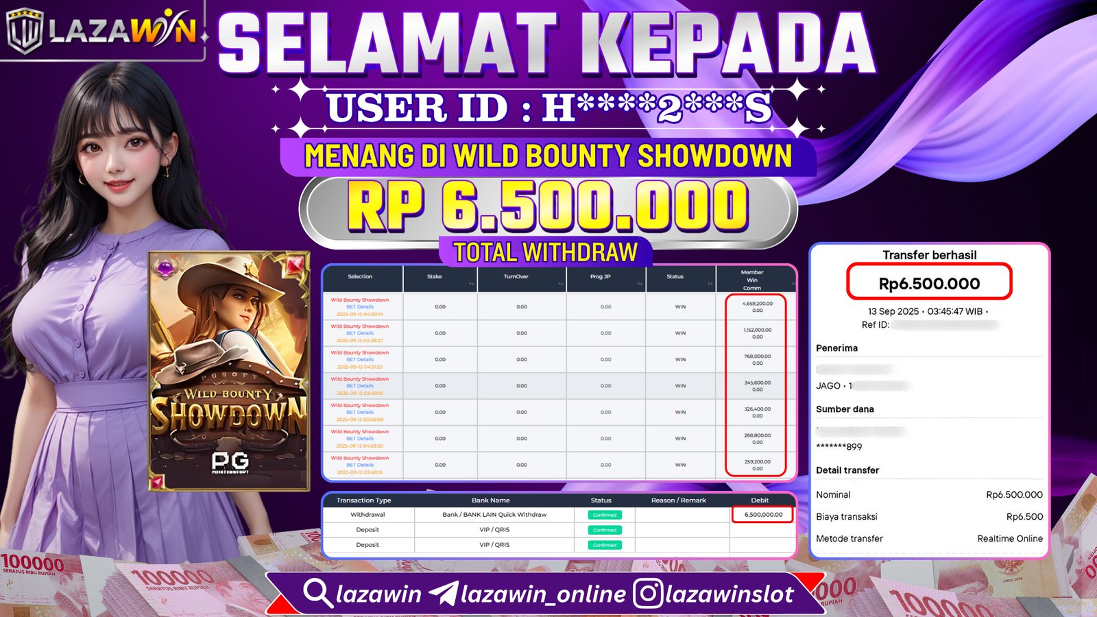 LAZAWIN JACKPOT di WILD BOUNTY SHOWDOWN Rp.6.500.000,- LUNAS