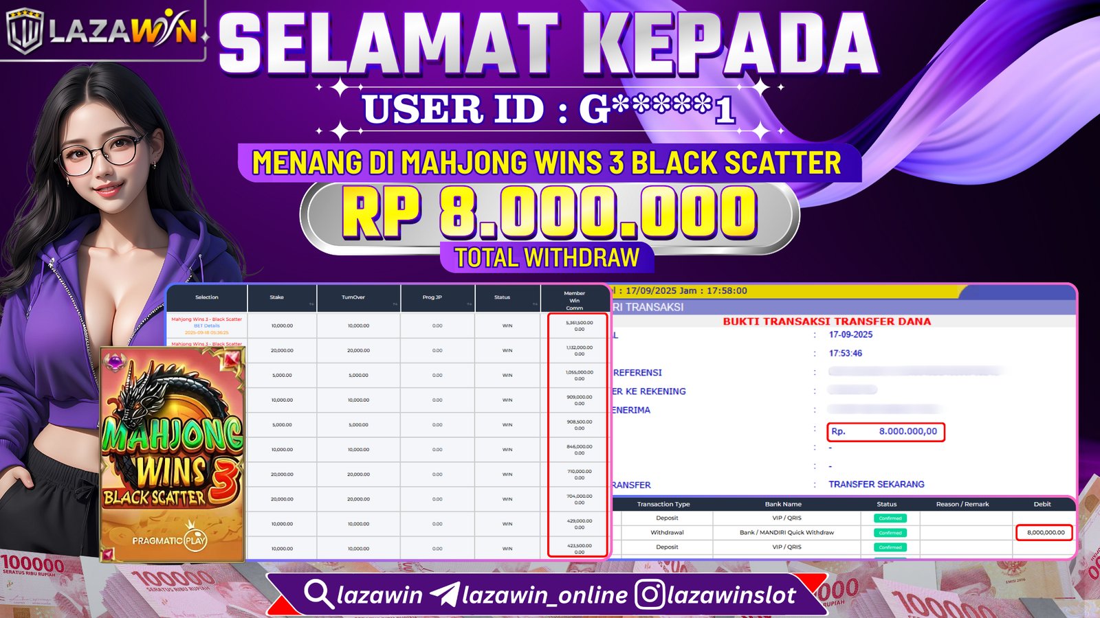 LAZAWIN JACKPOT di MAHJONG WINS 3 BLACK SCATTER Rp.8.000.000,- LUNAS