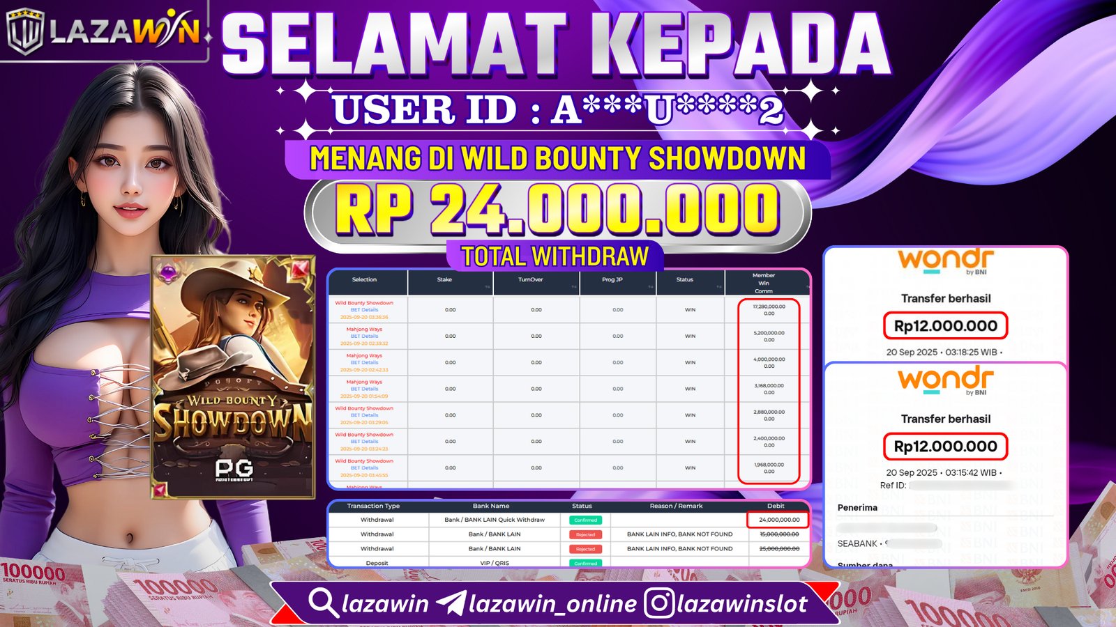 LAZAWIN JACKPOT di WILD BOUNTY SHOWDOWN Rp.24.000.000,- LUNAS