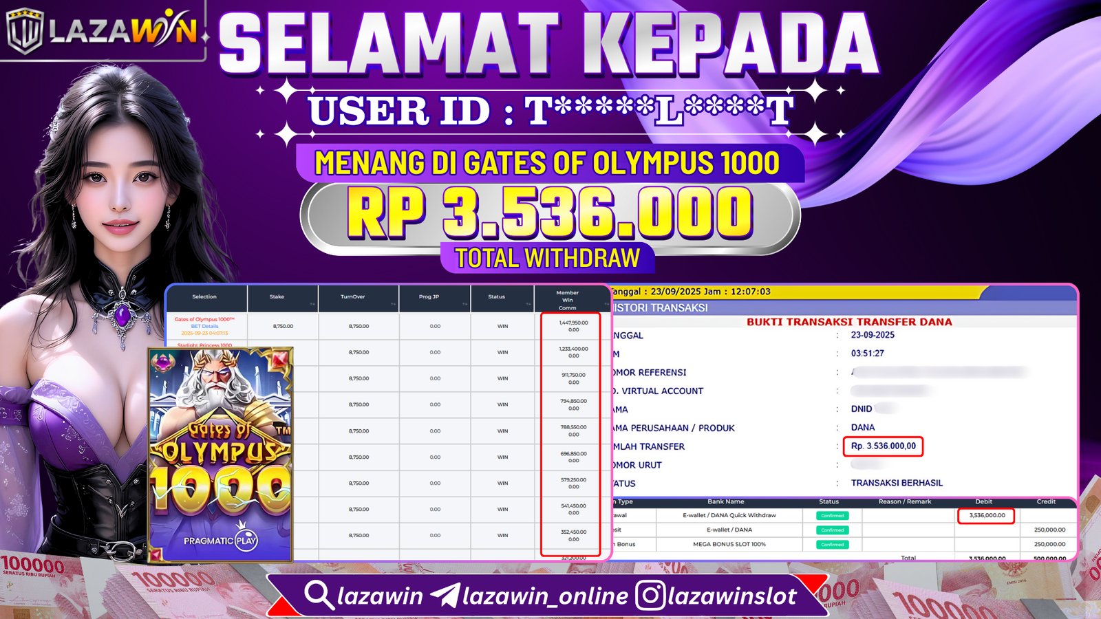 LAZAWIN JACKPOT di GATES OF OLYMPUS 1000 Rp.3.536.000,- LUNAS