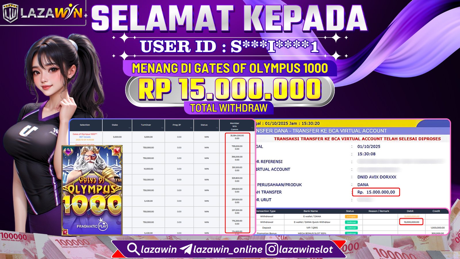 LAZAWIN JACKPOT di GATES OF OLYMPUS 1000 Rp.15.000.000,- LUNAS
