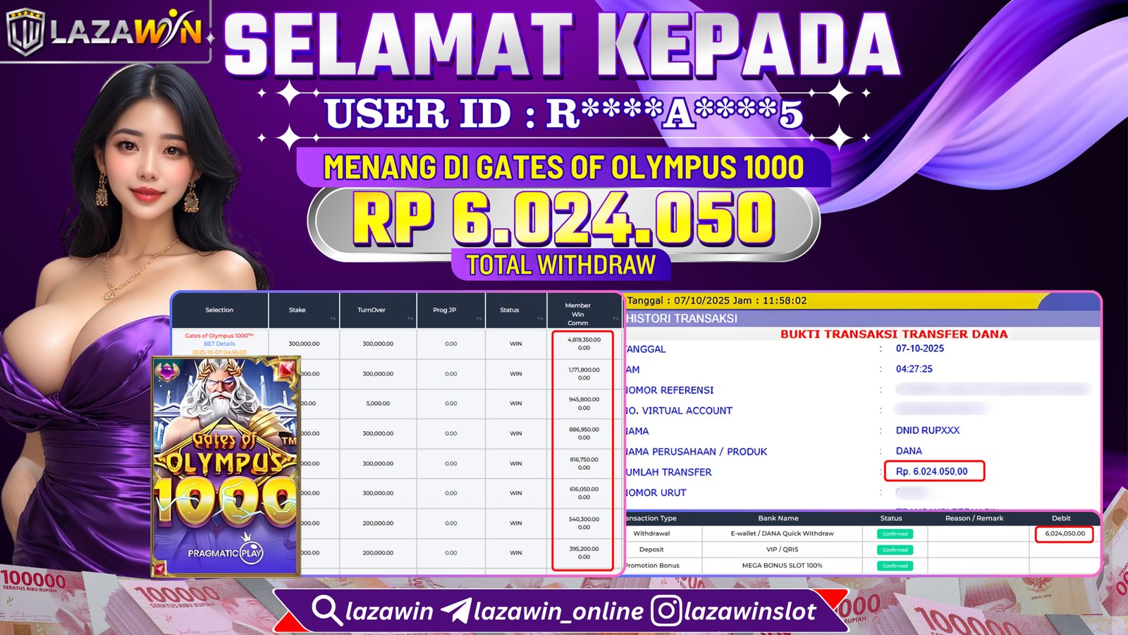 LAZAWIN JACKPOT di GATES OF OLYMPUS 1000 Rp.6.024.000,- LUNAS
