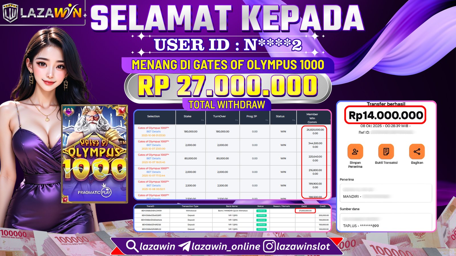 LAZAWIN JACKPOT di GATES OF OLYMPUS 1000 Rp.27.000.000,- LUNAS