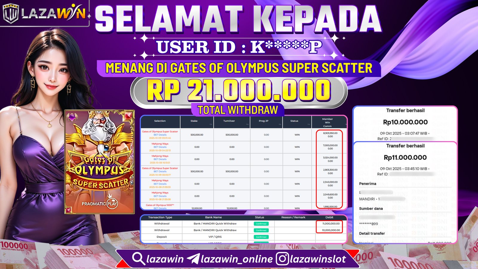 LAZAWIN JACKPOT di GATES OF OLYMPUS SUPER SCATTER Rp.21.000.000,- LUNAS