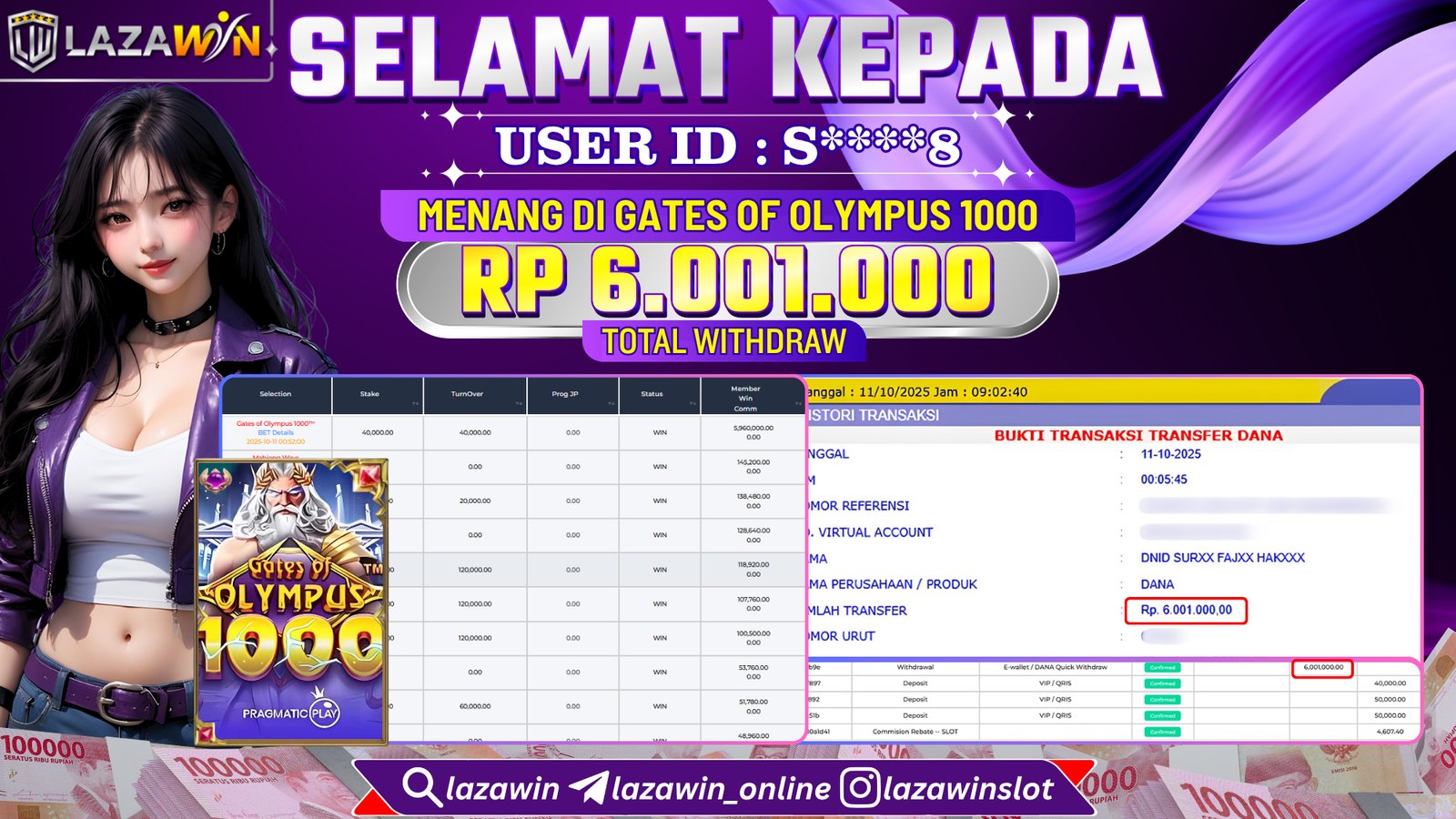 LAZAWIN JACKPOT di GATES OF OLYMPUS 1000 Rp.6.001.000,- LUNAS