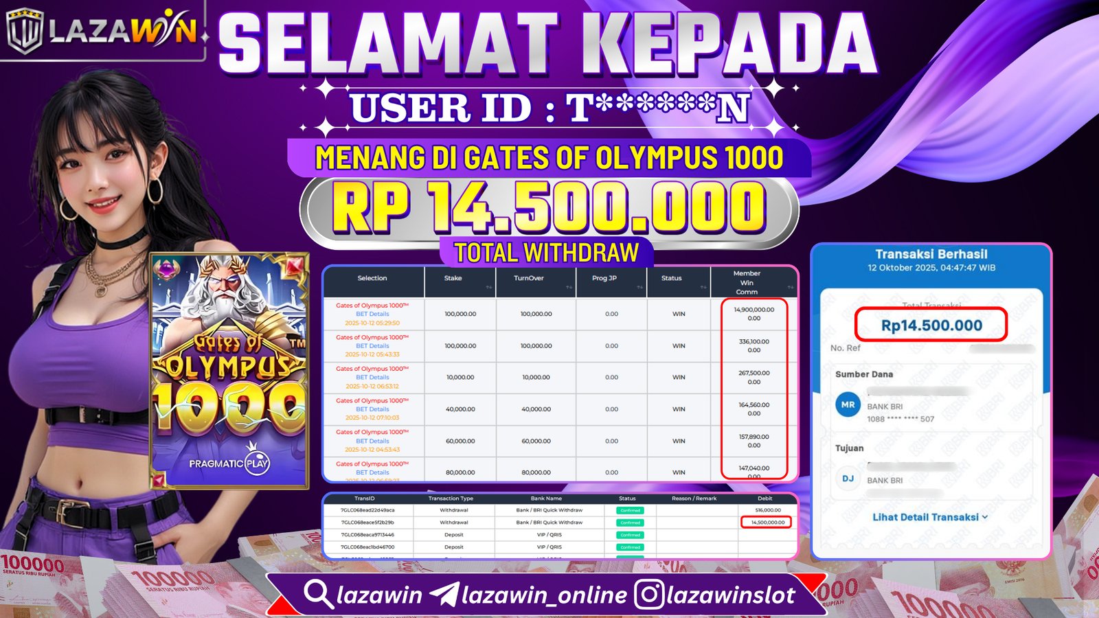 LAZAWIN JACKPOT di GATES OF OLYMPUS 1000 Rp.14.500.000,- LUNAS