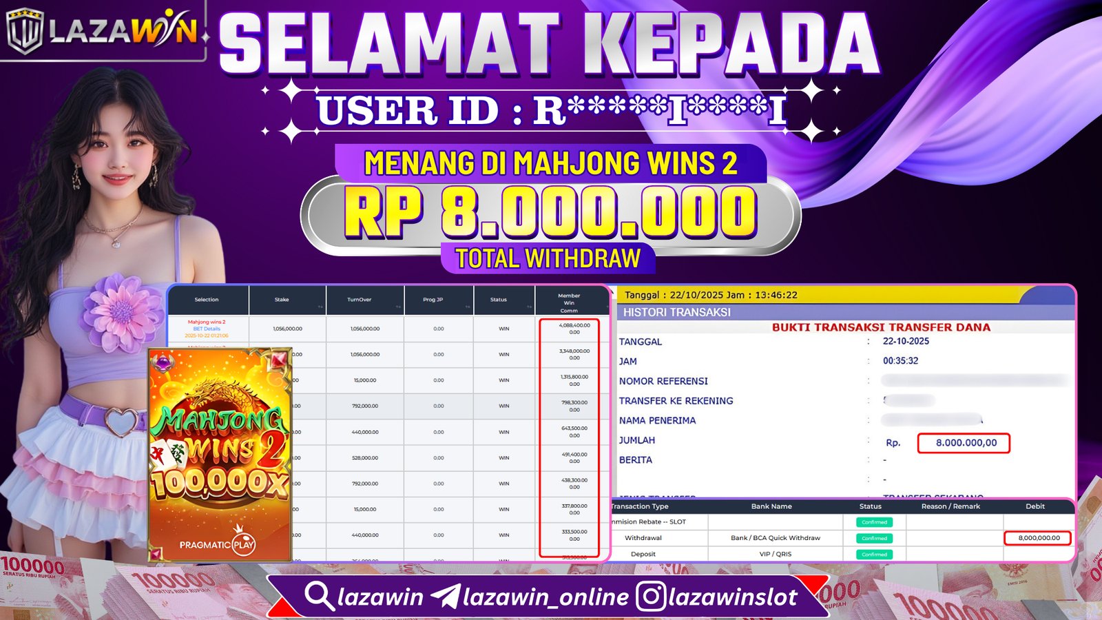 LAZAWIN JACKPOT di MAHJONG WINS 2 Rp.8.000.000,- LUNAS