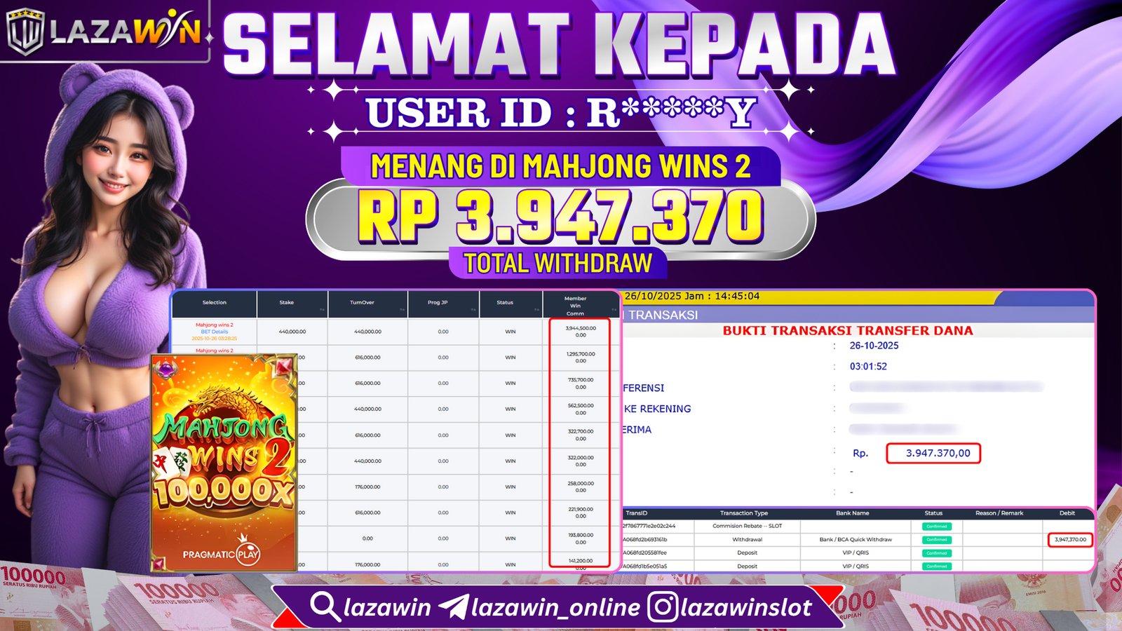 LAZAWIN JACKPOT di MAHJONG WINS 2 Rp.3.947.370,- LUNAS