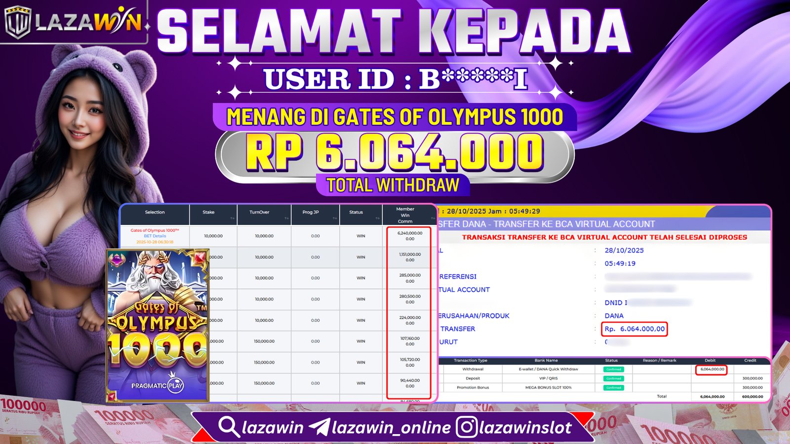 LAZAWIN JACKPOT di GATES OF OLYMPUS 1000 Rp.6.064.000,- LUNAS