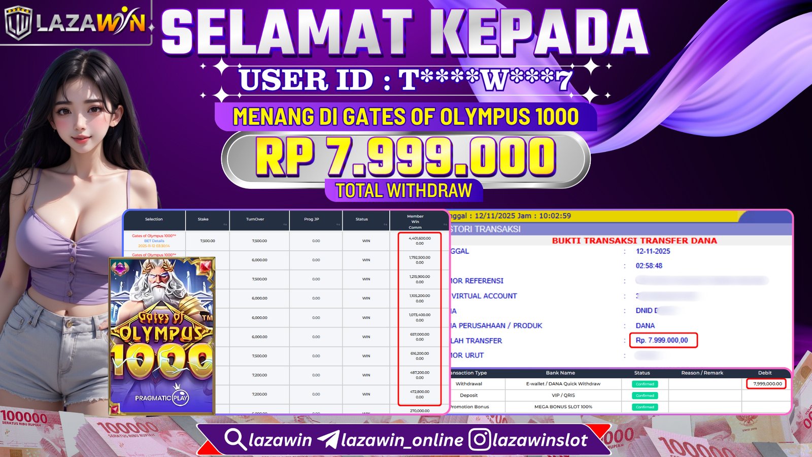 LAZAWIN JACKPOT di GATES OF OLYMPUS 1000 Rp.7.999.000,- LUNAS