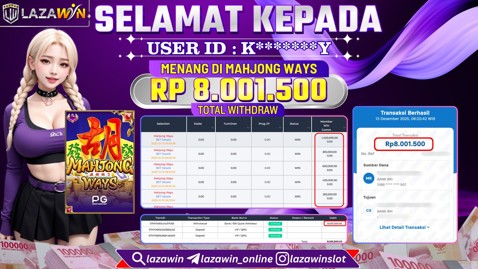 LAZAWIN JACKPOT di MAHJONG WAYS Rp.8.001.500,- LUNAS