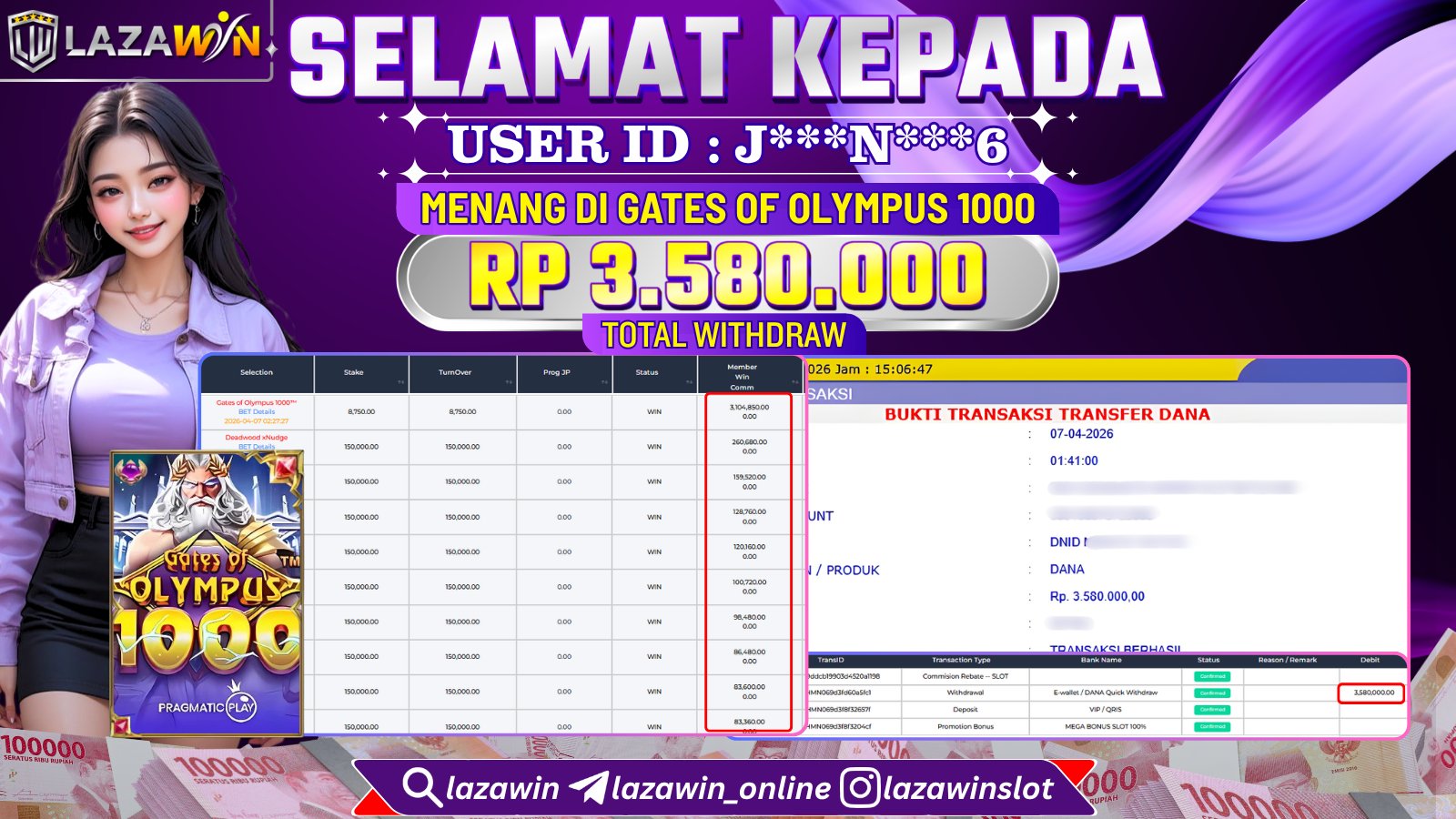 LAZAWIN JACKPOT di GATES OF OLYMPUS 1000 Rp.3.580.000,- LUNAS