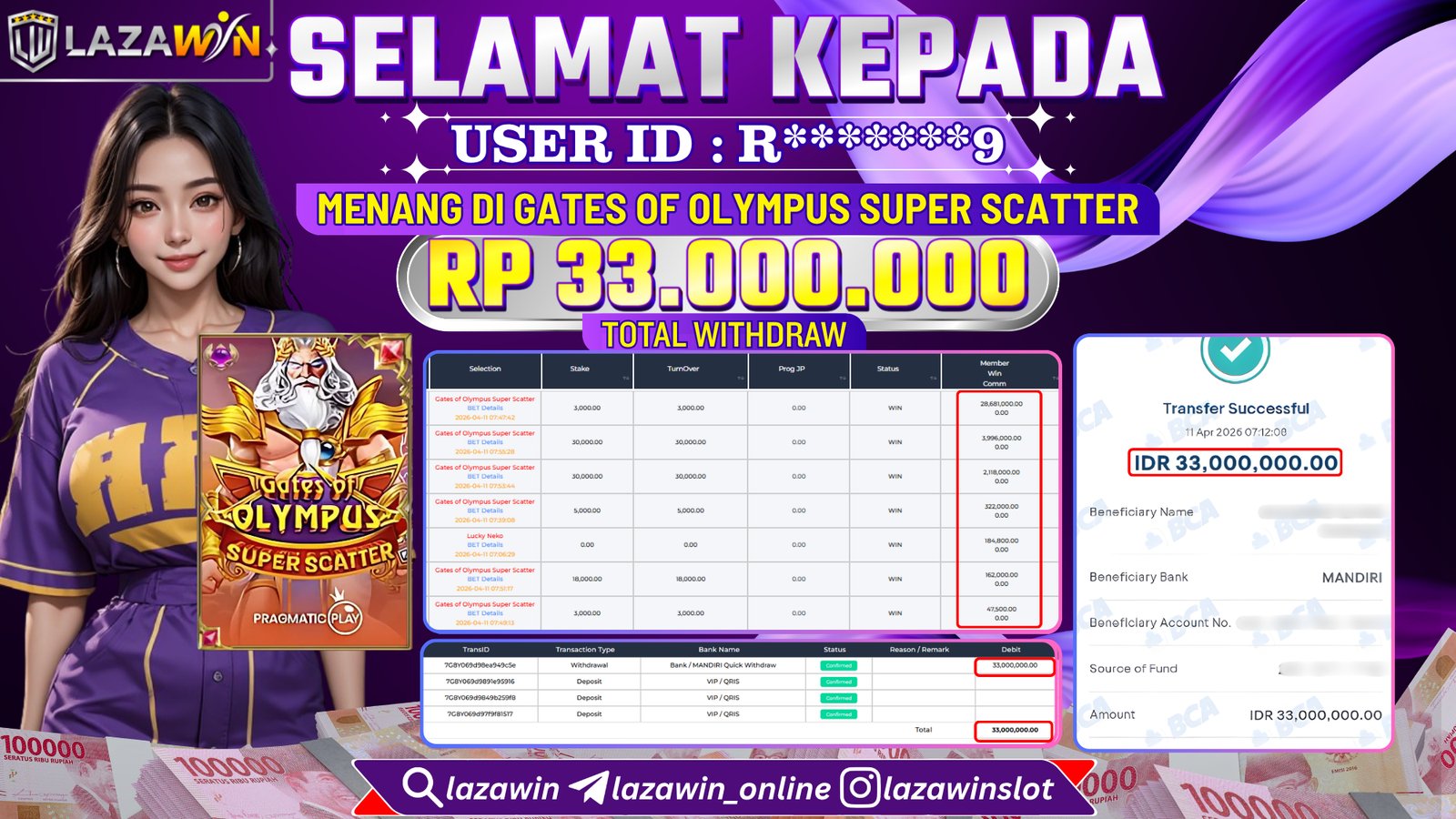 LAZAWIN JACKPOT di GATES OF OLYMPUS SUPER SCATTER Rp.33.000.000,- LUNAS