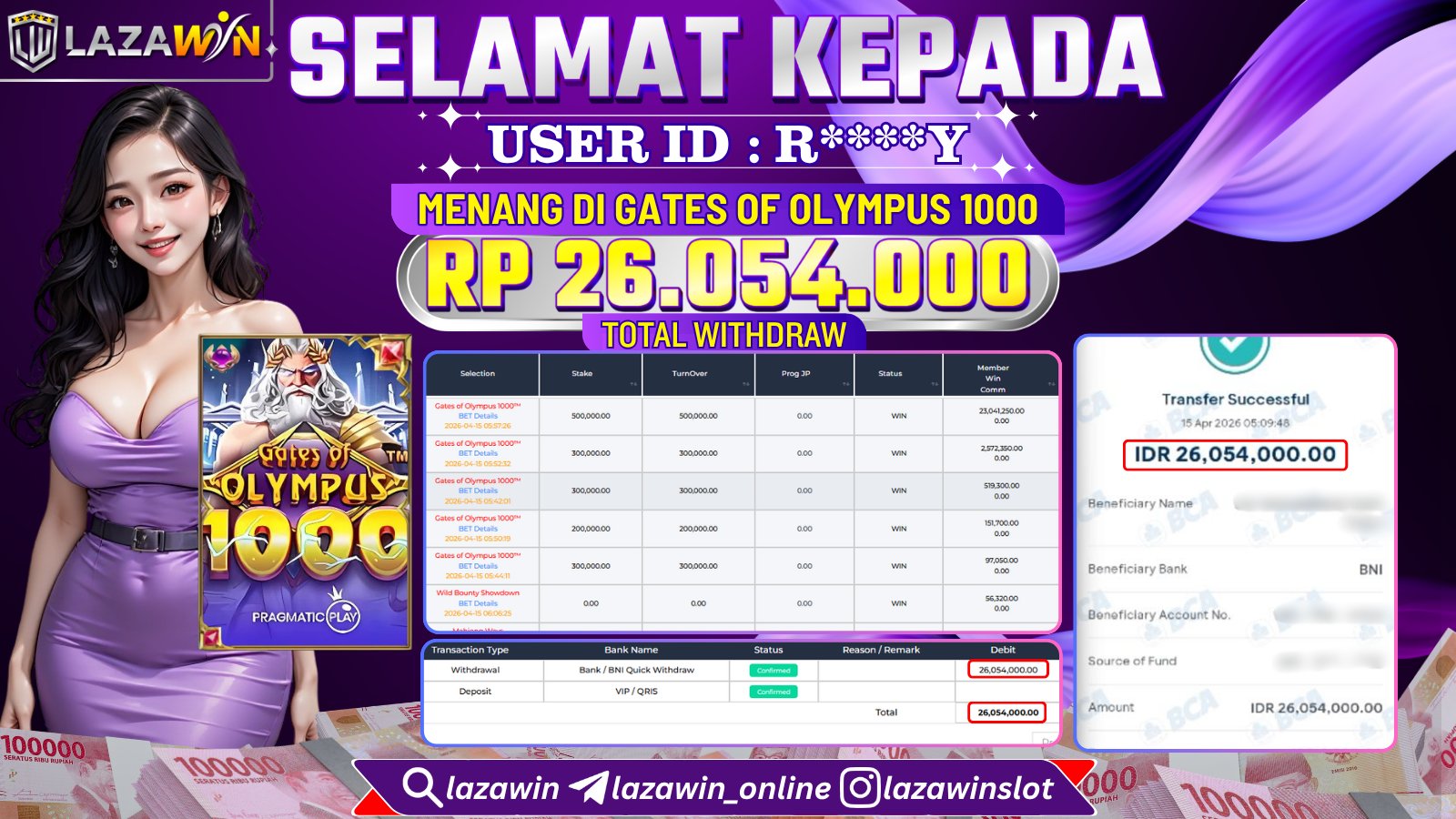 LAZAWIN JACKPOT di GATES OF OLYMPUS 1000 Rp.26.054.000,- LUNAS