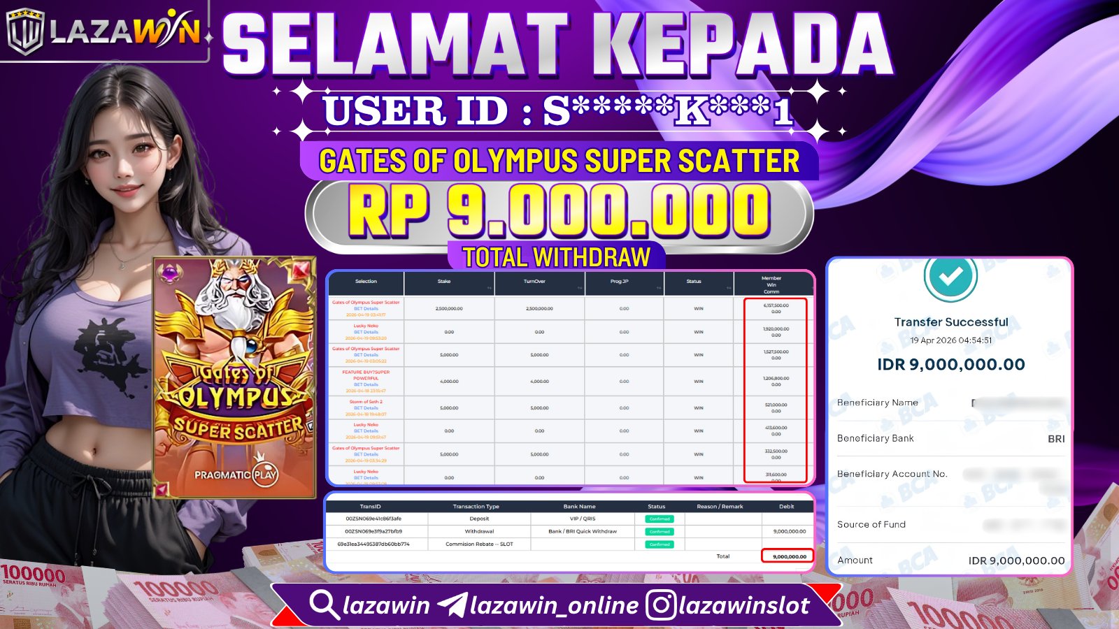 LAZAWIN JACKPOT di GATES OF OLYMPUS SUPER SCATTER Rp.9.000.000,- LUNAS