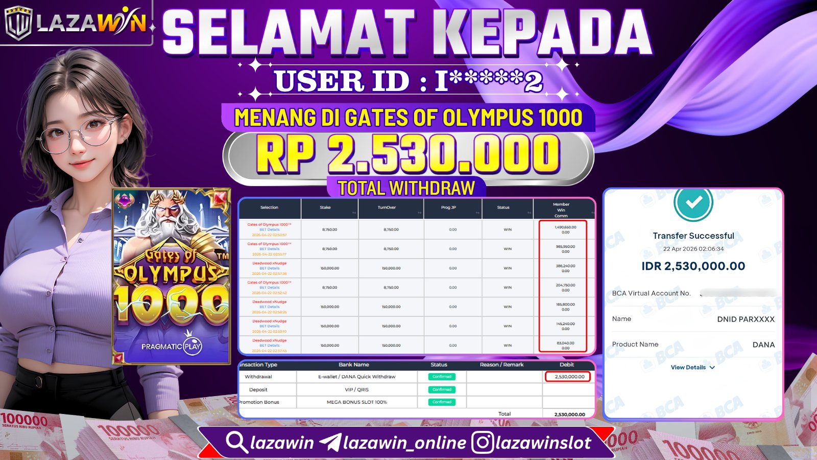 LAZAWIN JACKPOT di GATES OF OLYMPUS 1000 Rp.2.530.000,- LUNAS