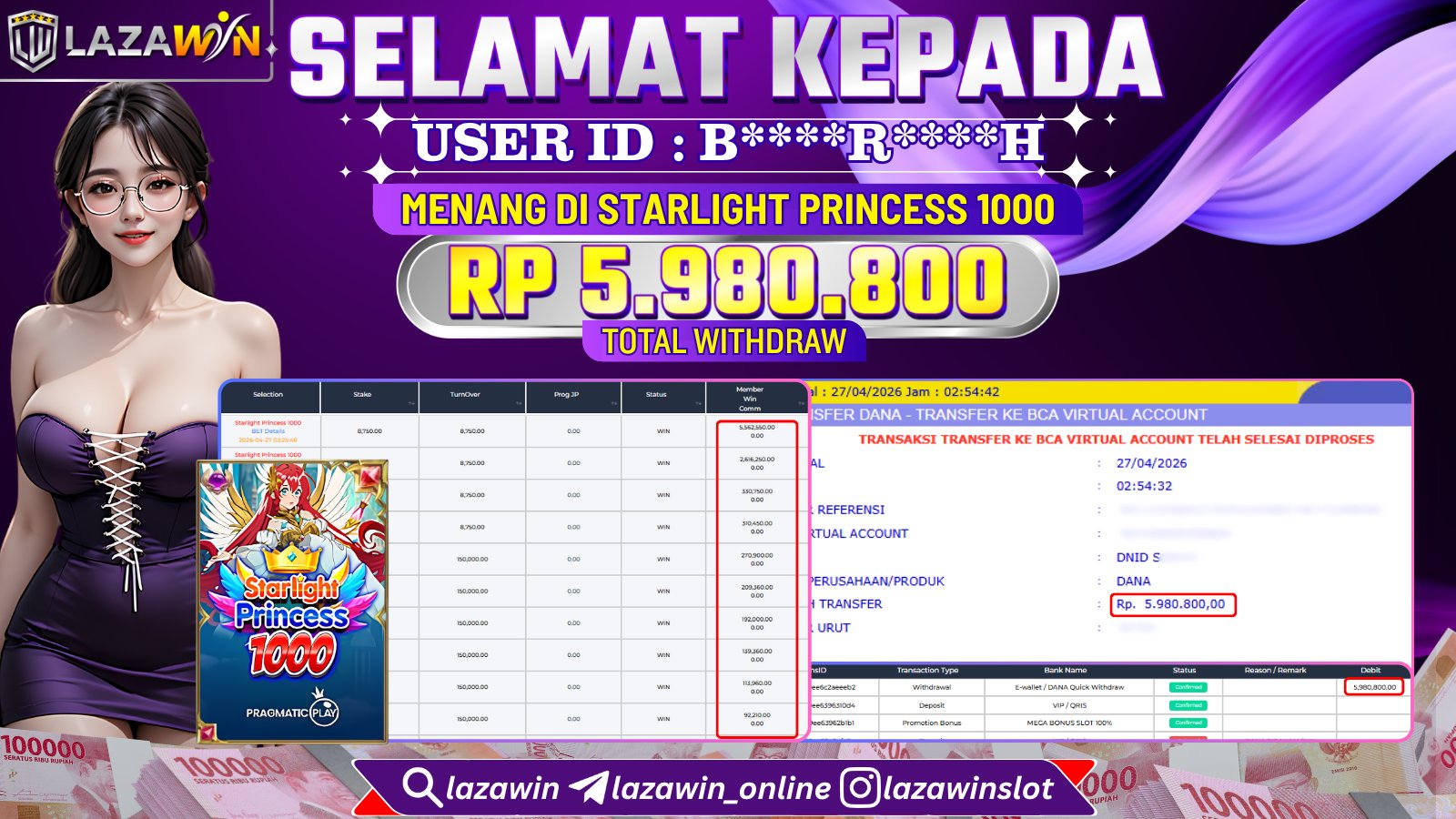 LAZAWIN JACKPOT di STARLIGHT PRINCESS 1000 Rp.5.980.800,- LUNAS
