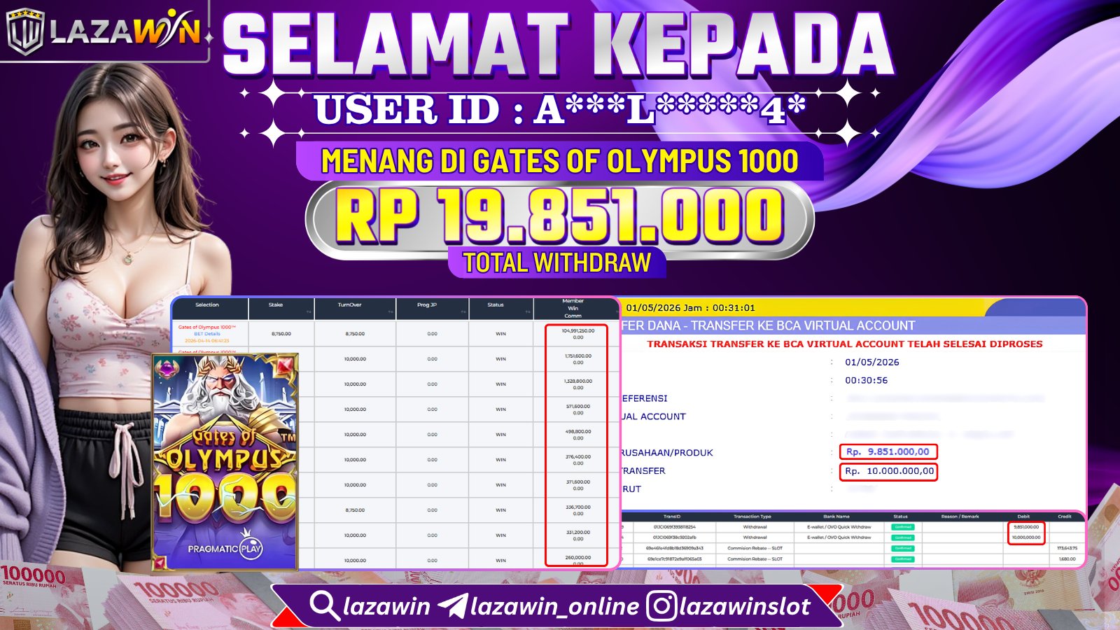 LAZAWIN JACKPOT di GATES OF OLYMPUS 1000 Rp.19.851.000,- LUNAS