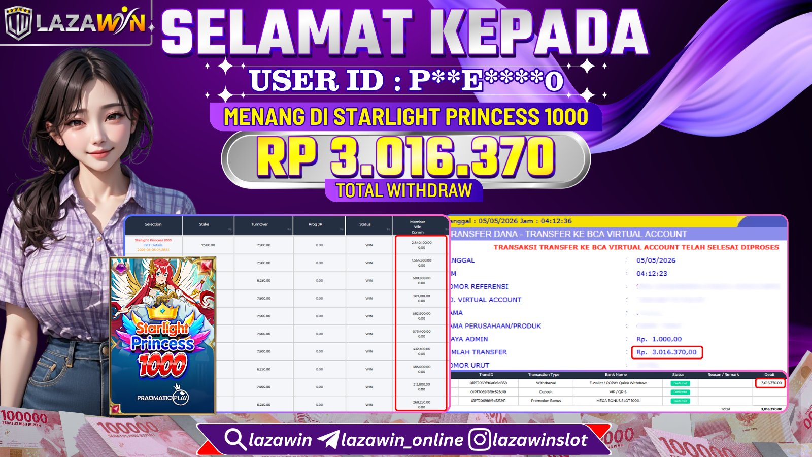LAZAWIN JACKPOT di STARLIGHT PRINCESS 1000 Rp.3.016.370,- LUNAS