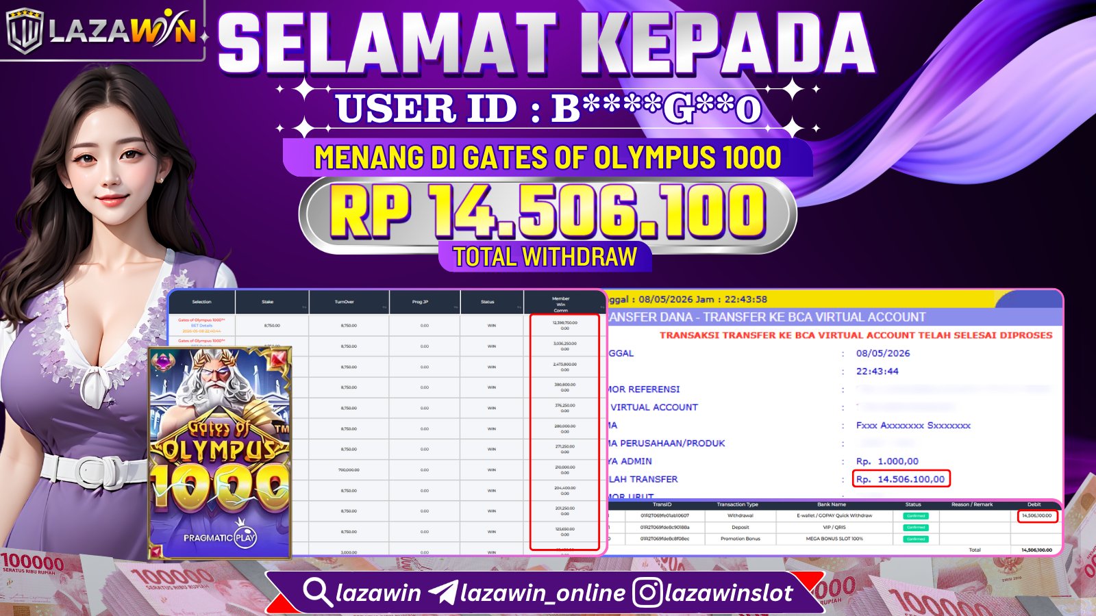 LAZAWIN JACKPOT di GATES OF OLYMPUS 1000 Rp.14.506.100,- LUNAS
