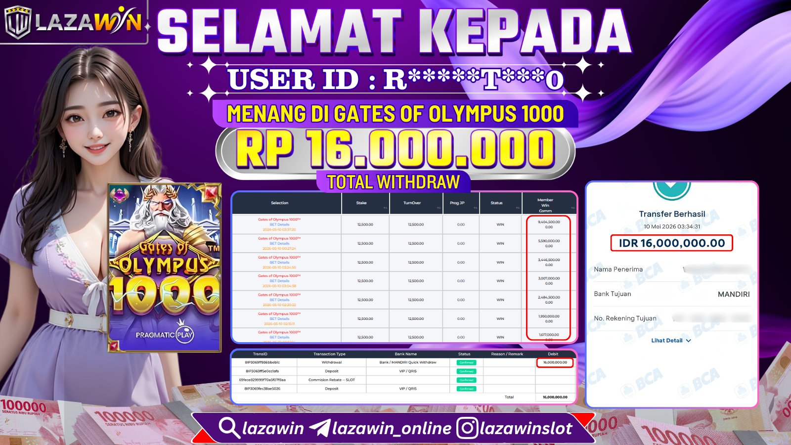 LAZAWIN JACKPOT di GATES OF OLYMPUS 1000 Rp.16.000.000,- LUNAS