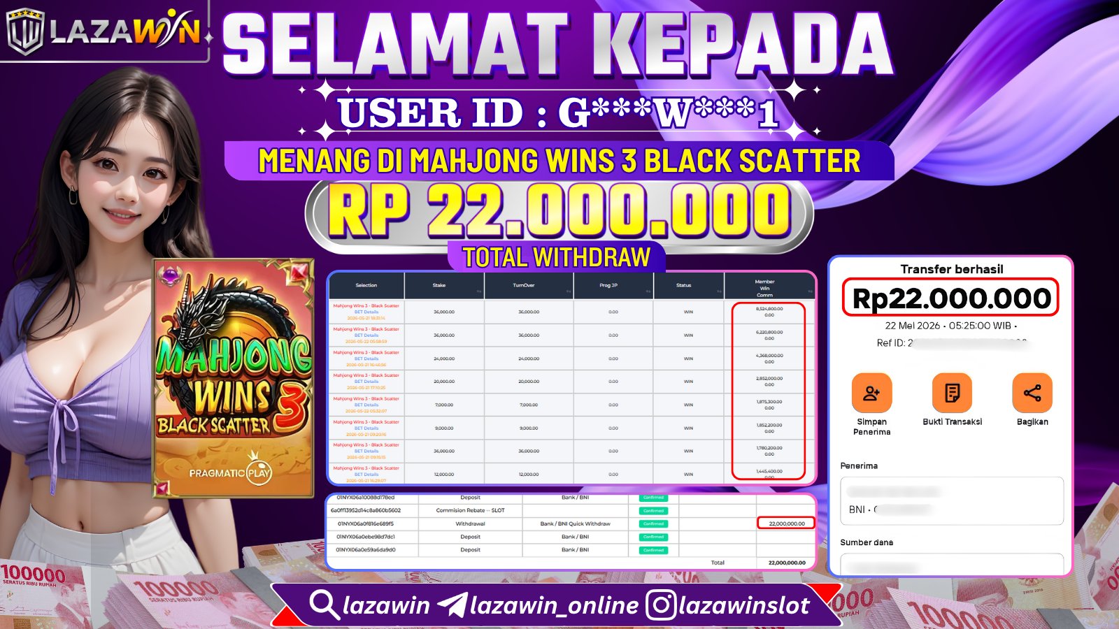 LAZAWIN JACKPOT di MAHJONG WINS 3 BLACK SCATTER Rp.22.000.000,- LUNAS