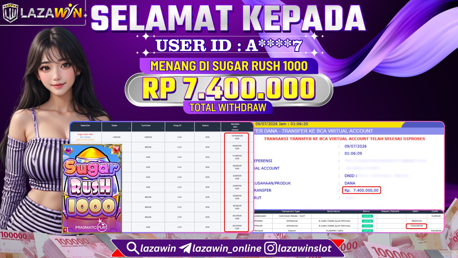 LAZAWIN JACKPOT di SUGAR RUSH 1000 Rp.7.400.000,- LUNAS